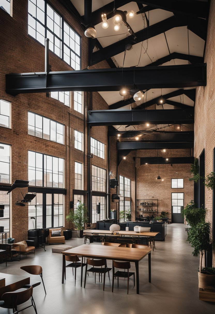 A spacious vintage loft with exposed brick walls, high ceilings, and large windows overlooking the historic Silo District in Waco