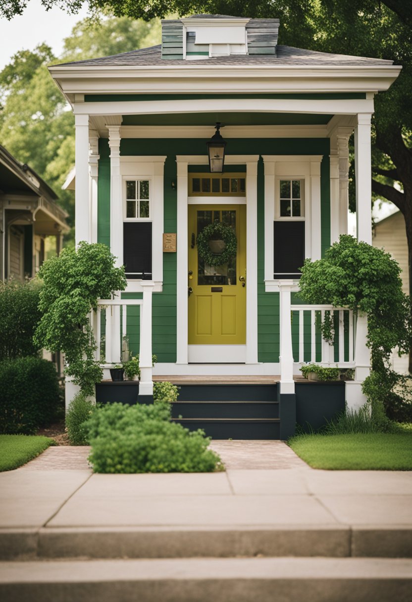 A narrow, single-story Shotgun House with a gabled roof, front porch, and colorful exterior. Surrounding it are lush green trees and a quaint, historic neighborhood in Waco