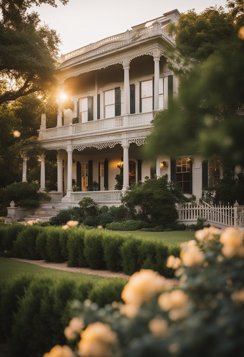 The sun sets behind the grand East Terrace House, casting a warm glow on the historic vacation rentals in Waco. The lush garden and intricate architecture create a serene and inviting atmosphere