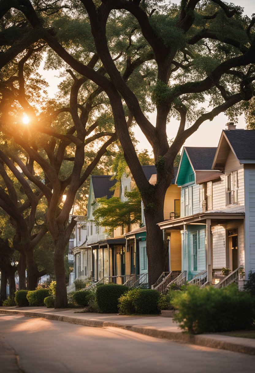 The sun sets behind a row of charming vacation rentals casting a warm glow on the quaint buildings and lush greenery