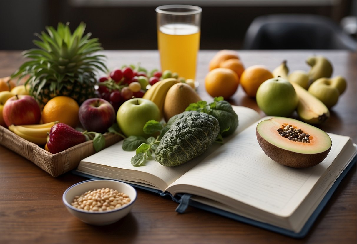 A table filled with fresh fruits, vegetables, lean proteins, and whole grains. A journal and pen sit next to a glass of water