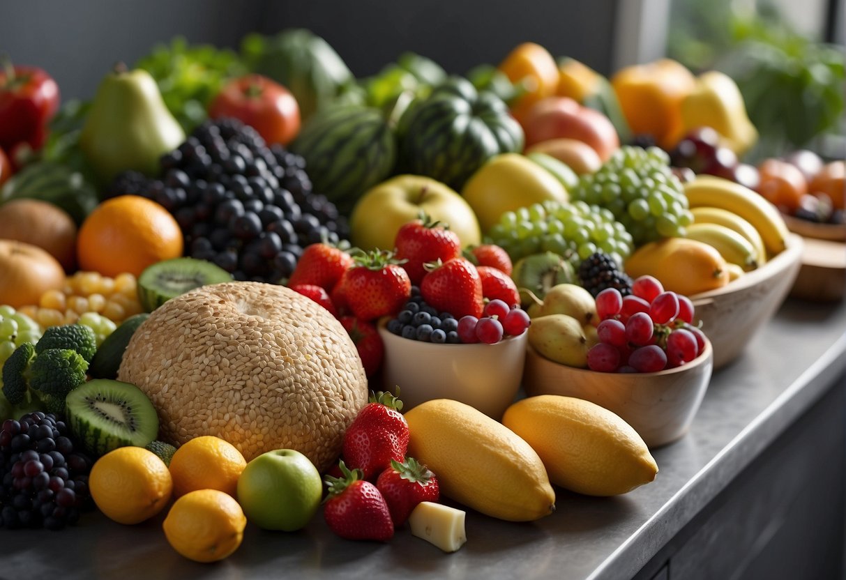A colorful array of fresh fruits, vegetables, lean proteins, and whole grains arranged on a clean, modern kitchen counter