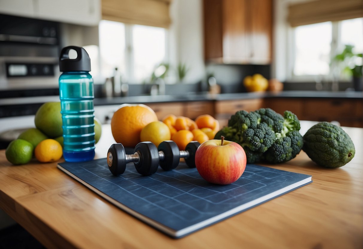 A kitchen counter with fresh fruits, vegetables, and a water bottle. A workout mat and dumbbells in the background. A journal and pen for tracking progress