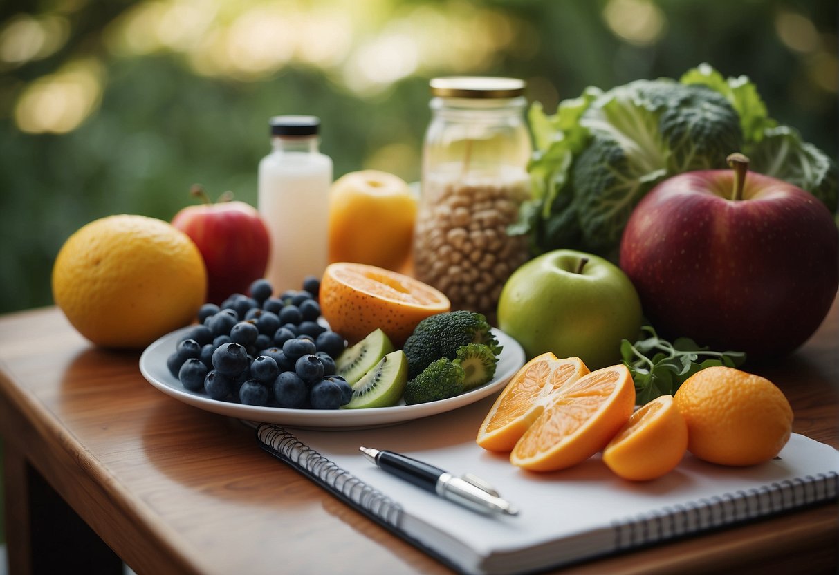 A table with fresh fruits, vegetables, and lean proteins. A journal and pen sit nearby, along with a bottle of water and a MetaBoost diet plan booklet