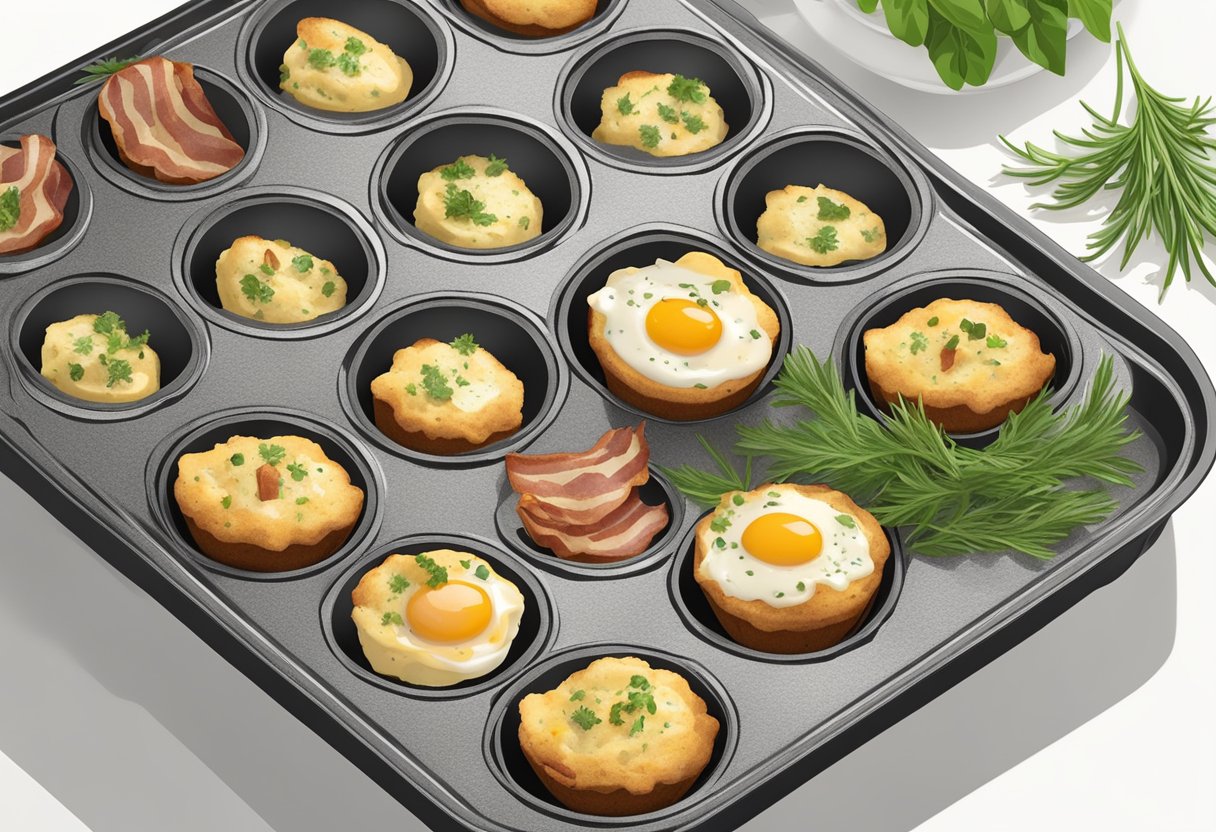 Egg bites in a muffin tin, filled with bacon and gruyere cheese, surrounded by fresh herbs and cracked black pepper