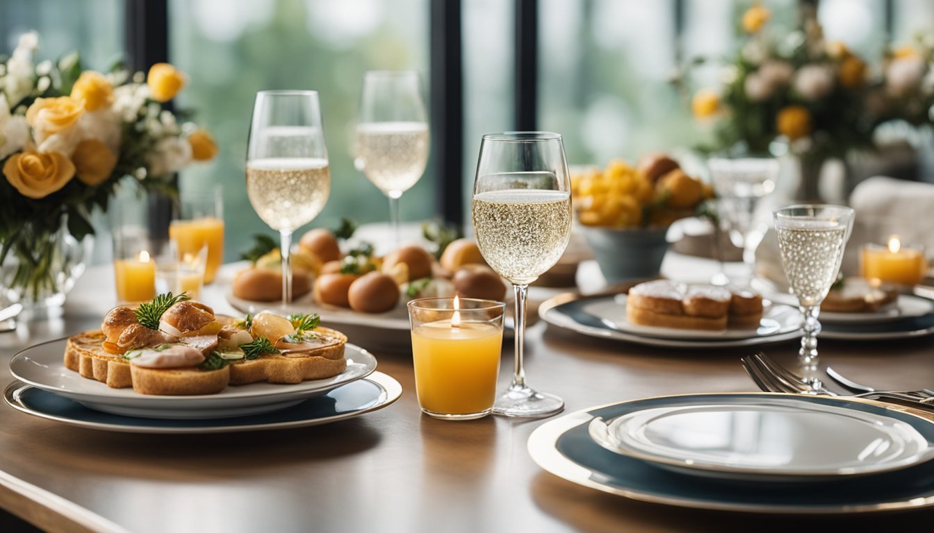 A table set with elegant brunch dishes, surrounded by floral centerpieces and champagne glasses, with a soft morning light streaming in through large windows