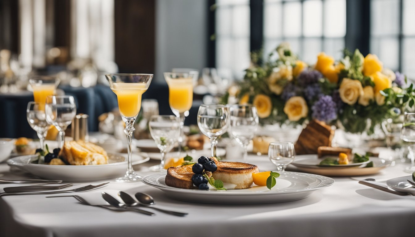 A beautifully set table with a variety of brunch dishes and drinks, adorned with elegant floral centerpieces and decorative place settings