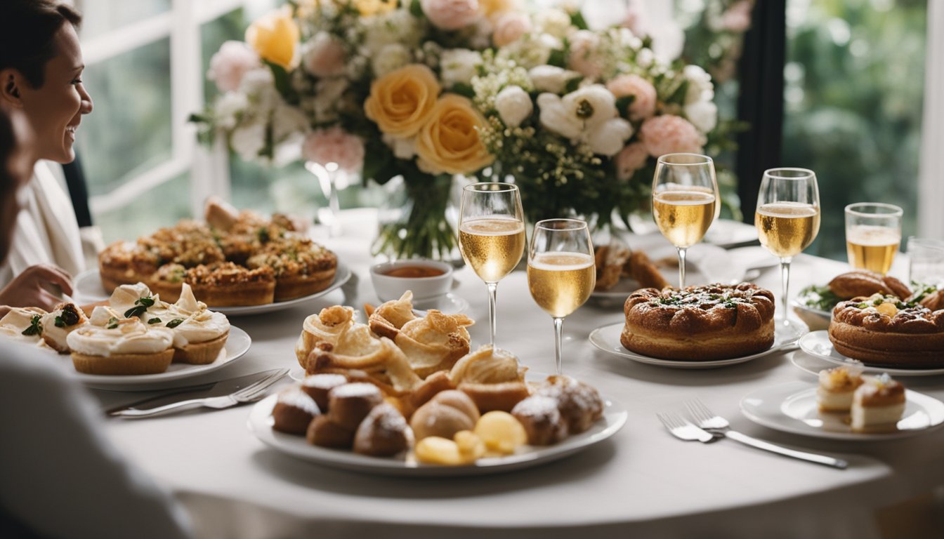 The morning after the wedding, a lively brunch is set up with champagne, pastries, and flowers. Guests mingle and chat, creating a joyful and celebratory atmosphere