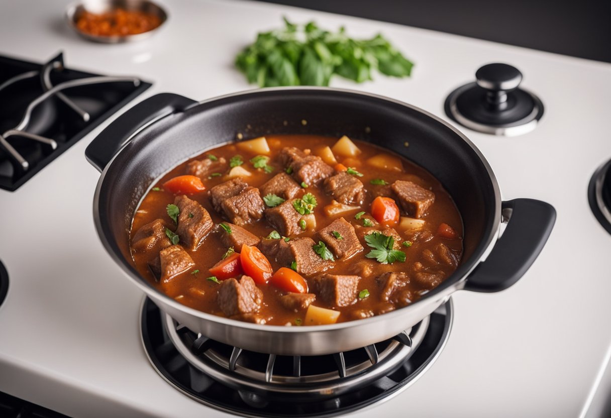 A pot of Beef Mechado simmers on a stovetop, filling the air with the aroma of tomatoes, garlic, and tender chunks of beef