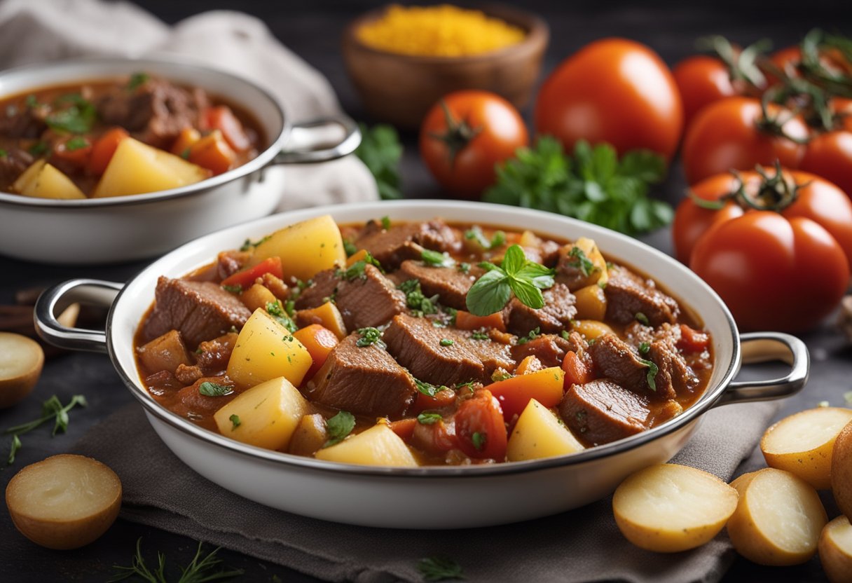 A simmering pot of beef mechado with tomatoes, onions, and potatoes, surrounded by the aroma of savory spices and herbs