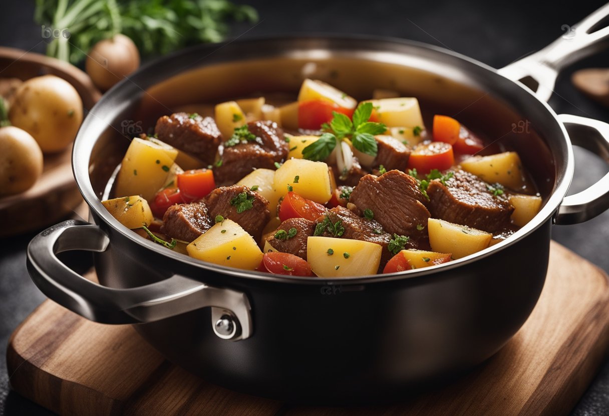 A pot simmering with beef chunks, tomatoes, onions, and potatoes. Possible substitutes for beef include pork or chicken