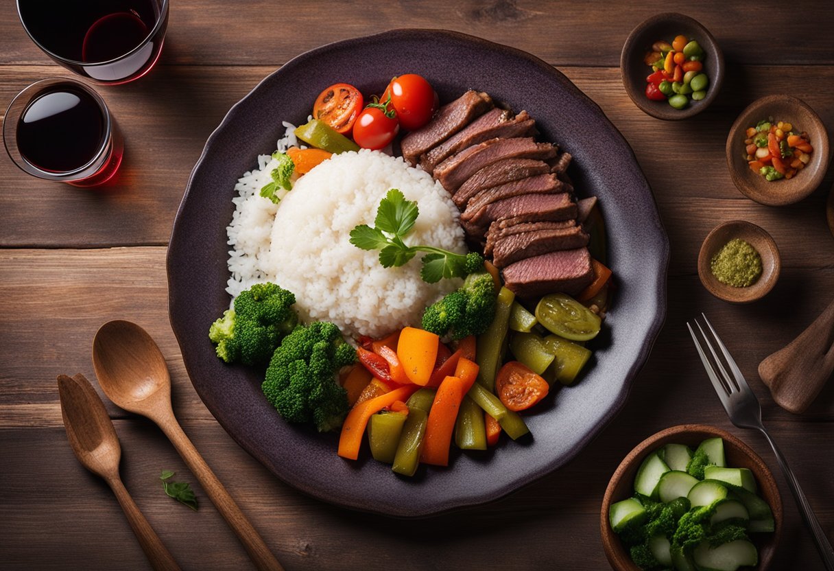 A steaming plate of beef mechado, surrounded by colorful vegetables and a side of steamed rice, sits on a rustic wooden table. A glass of red wine complements the dish