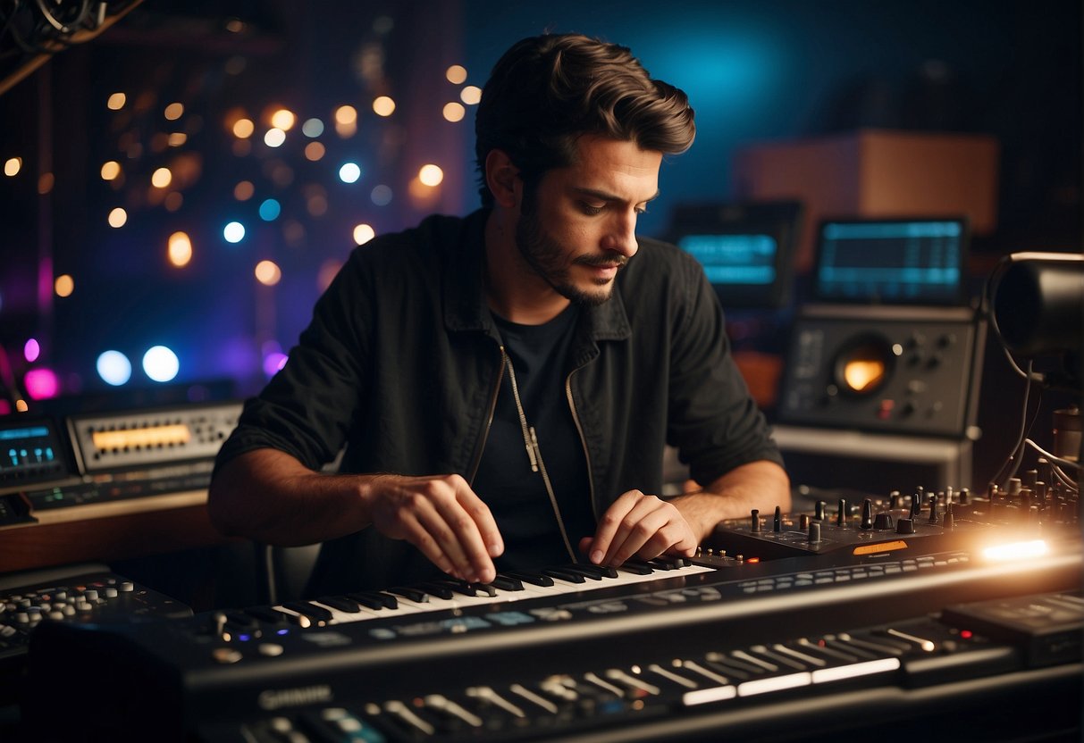 A musician surrounded by instruments, experimenting with sounds. A type beat becomes original through unique arrangements and innovative production techniques