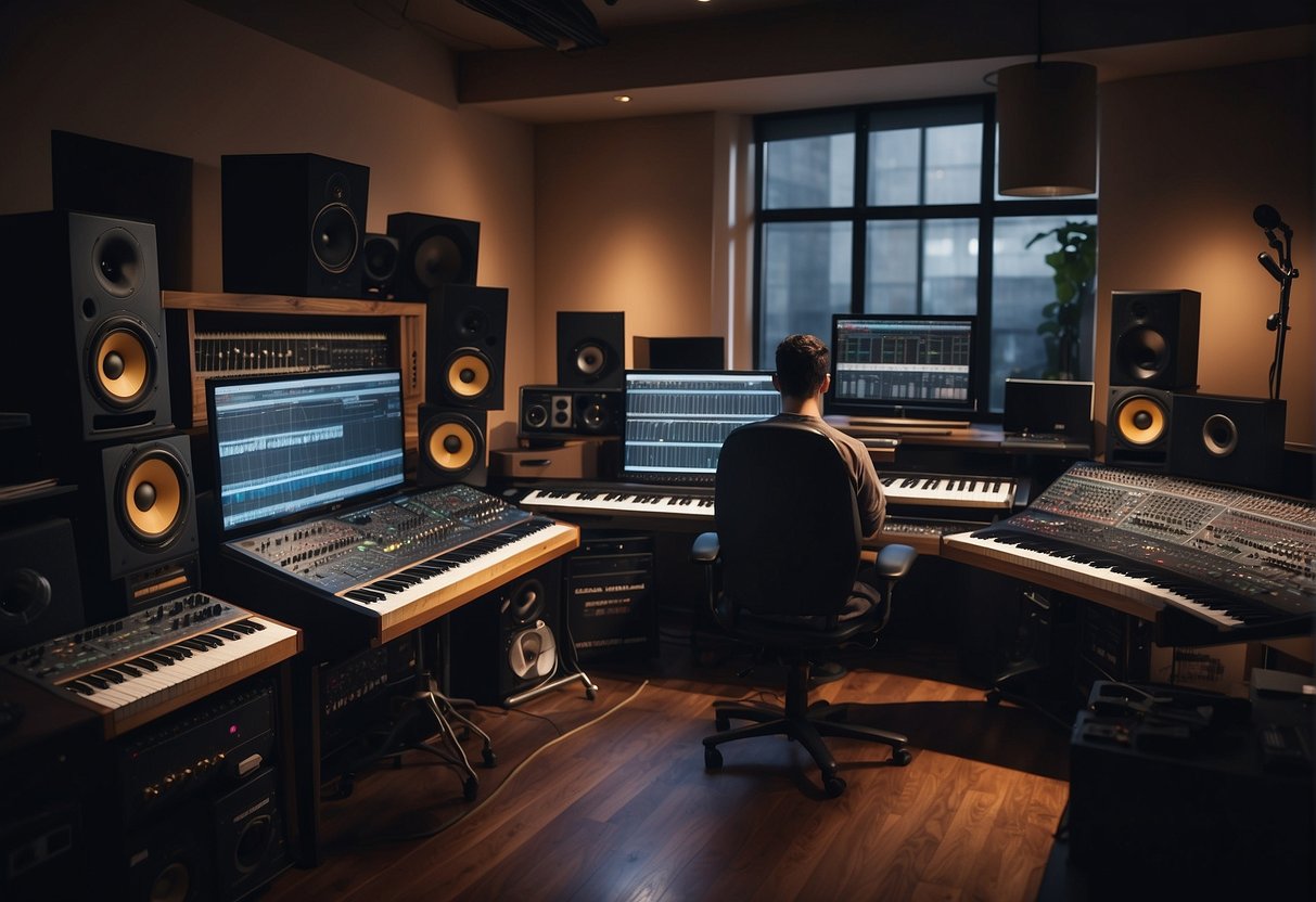 A bustling music studio with diverse artists creating unique type beats, showcasing the economics of the music industry