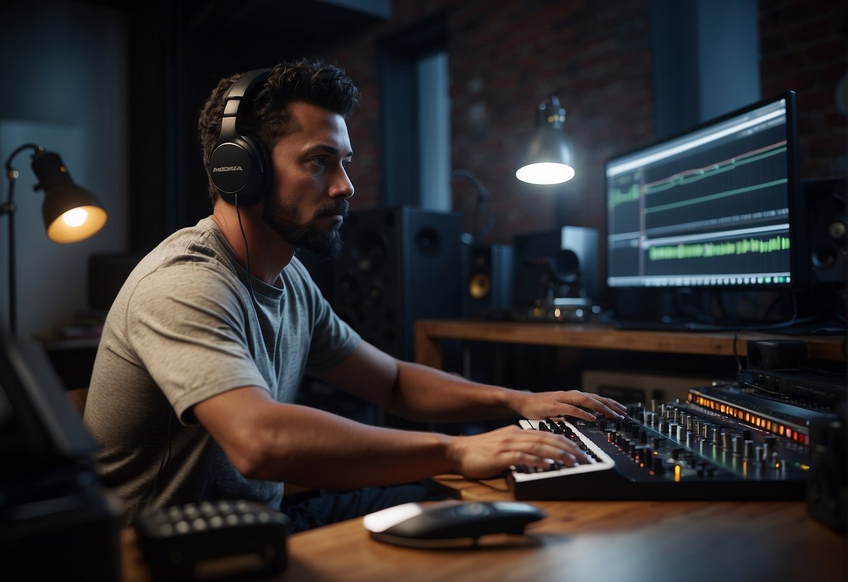 A type beat producer sits at their desk, surrounded by musical equipment. They are intensely focused on their computer screen, where a single keyword is highlighted in bold, emphasizing the importance of focus in their production process