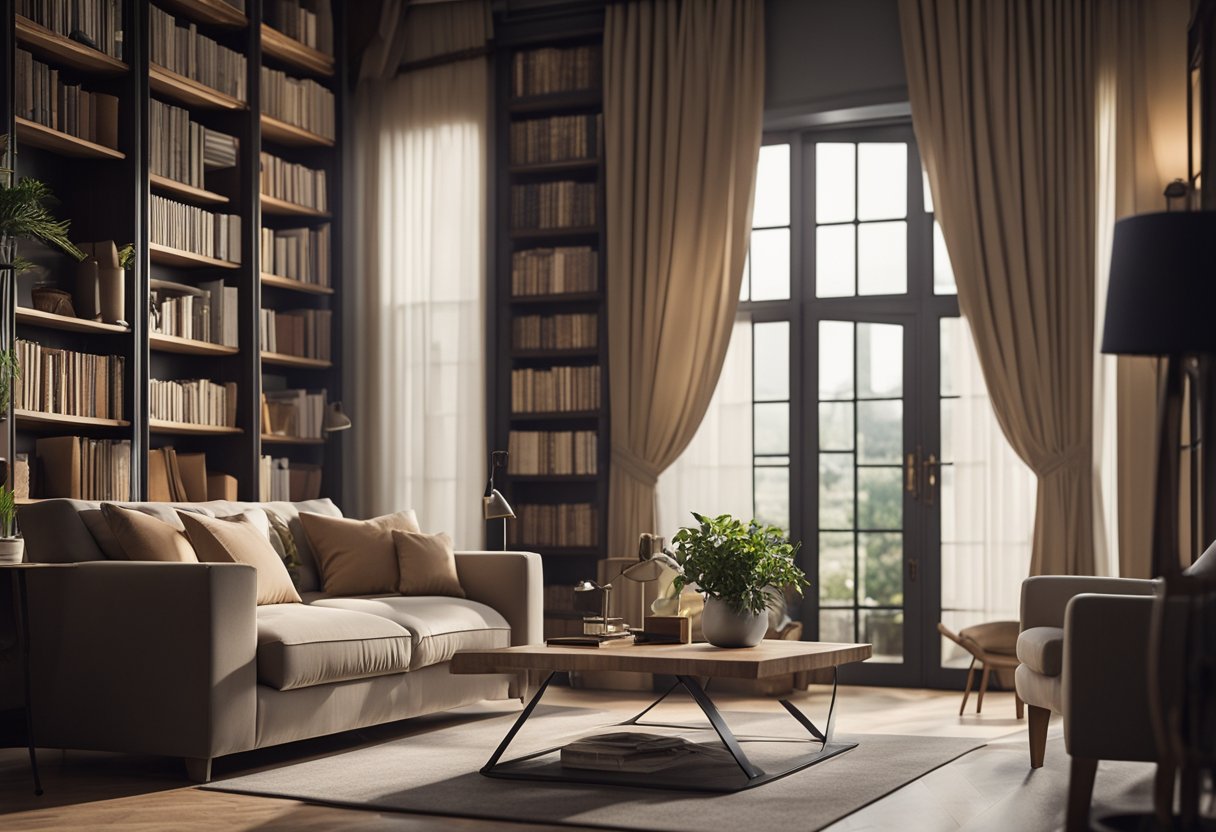 Thick curtains cover the windows, weatherstripping lines the door, and acoustic panels adorn the walls of the room. A bookshelf filled with books and soft furniture further dampen sound