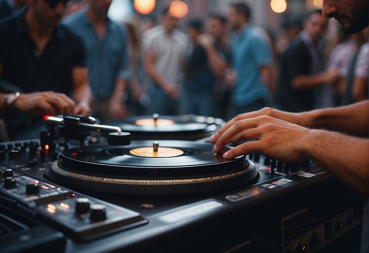 A DJ spins vinyl on a turntable, creating a pulsating rhythm. A crowd sways to the infectious beat, feeling the energy in the air