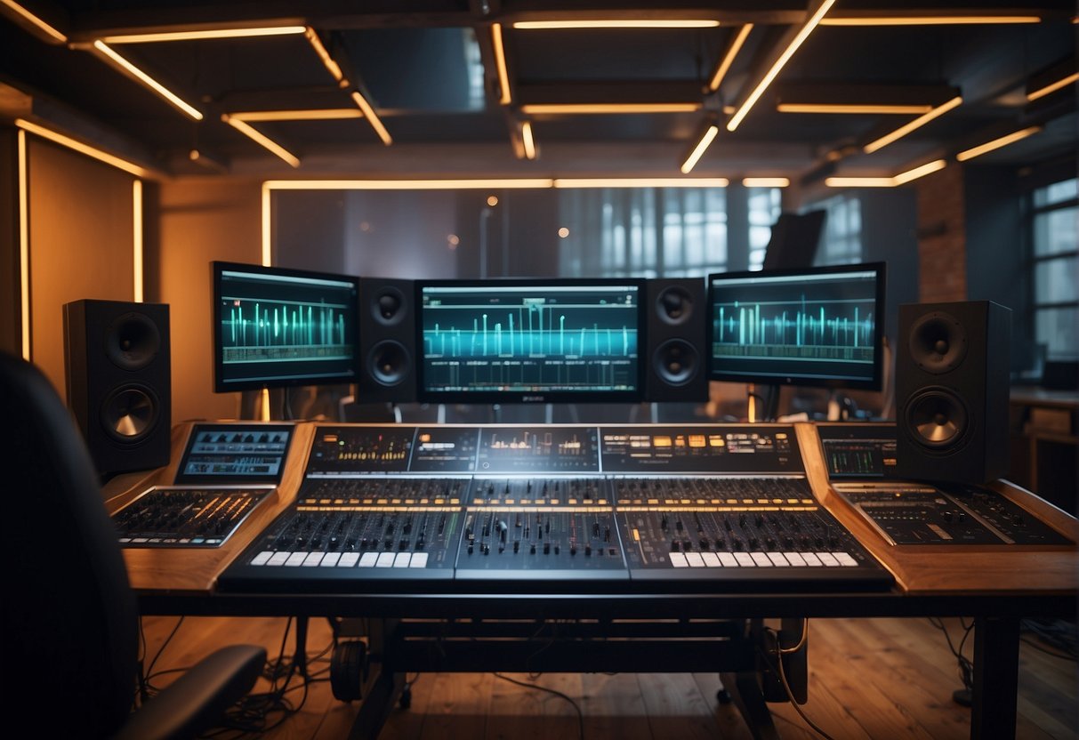 Vibrant studio with high-tech equipment and glowing screens. Sound waves pulsate through the room as a rap beat takes shape