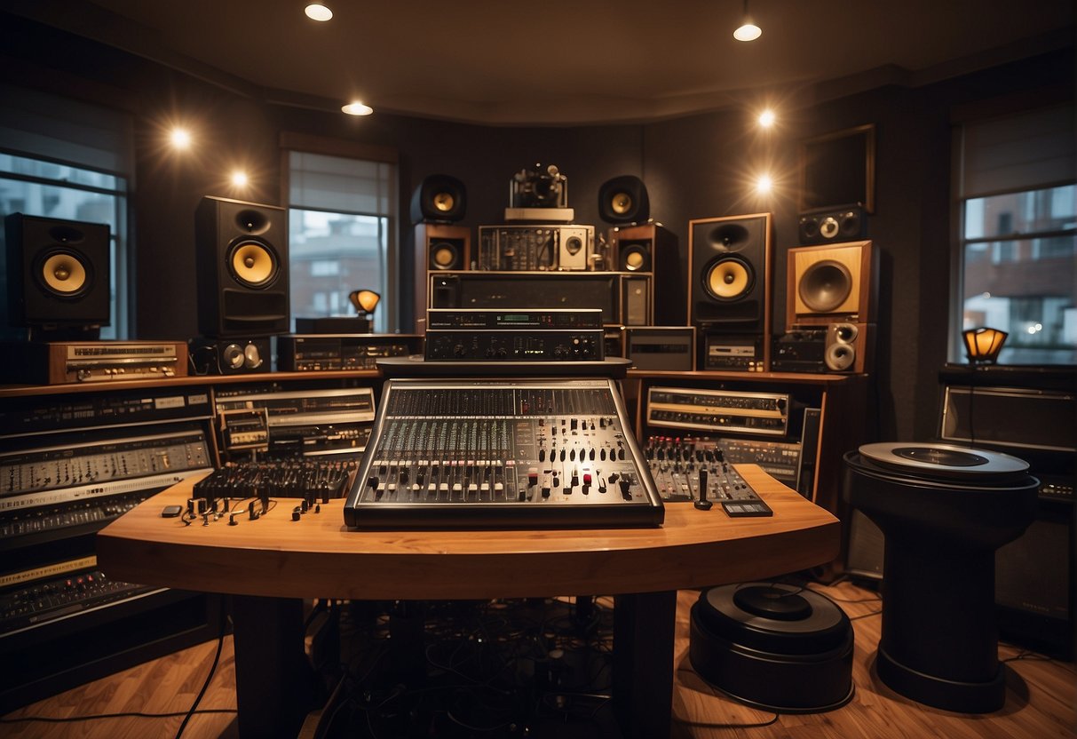 A studio with vintage equipment, mixing boards, and a turntable. Gold and platinum records line the walls, with a spotlight on a beat machine