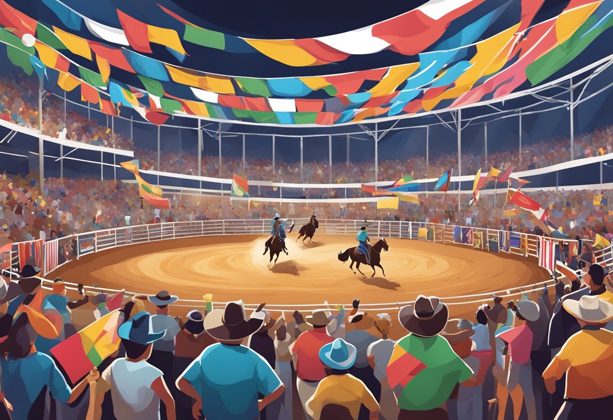 A bustling rodeo arena filled with cheering spectators and colorful rodeo performers showcasing their skills. Designed to help raise money for the Houston livestock show and rodeo scholarships