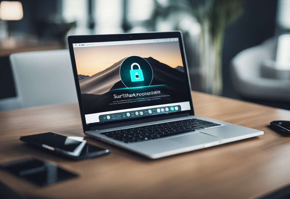 A laptop displaying Surfshark VPN's website with pricing, features, and security details highlighted. A padlock icon symbolizing security