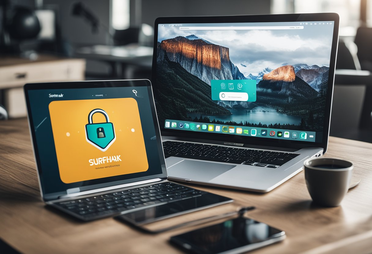 A laptop, smartphone, and tablet arranged on a desk with the Surfshark VPN website displayed on their screens. A padlock icon symbolizing security is visible on each device