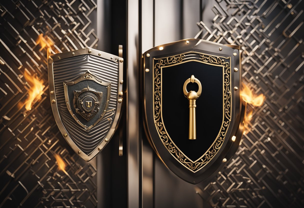A digital lock with a shield symbol, surrounded by a wall of fire, and a shield with a sword, representing security and privacy protections