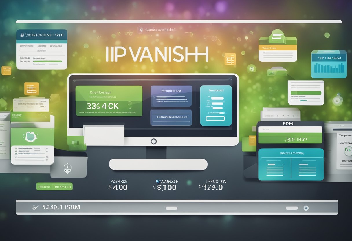 A computer screen displaying IPVanish VPN pricing and subscription plans with security features highlighted