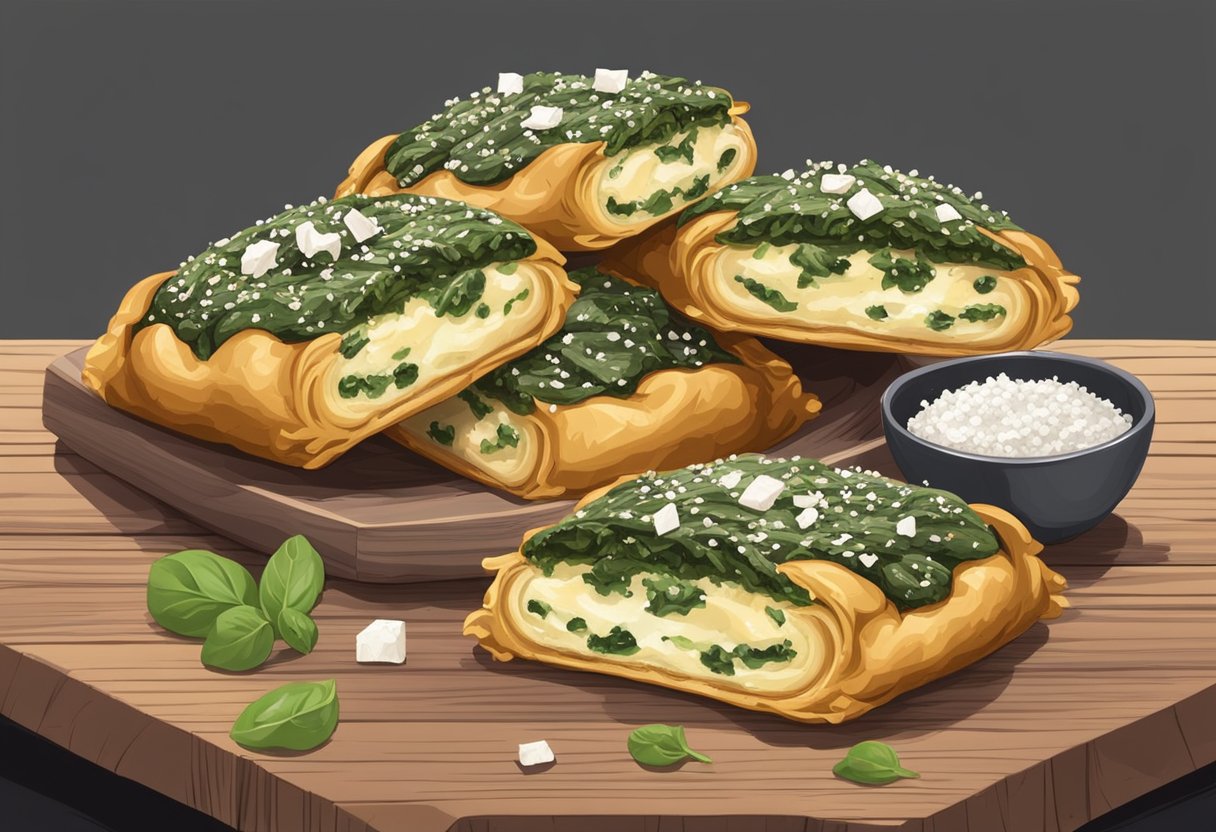 A golden-brown, flaky pastry filled with spinach, feta, and herbs, topped with sesame seeds, on a rustic wooden serving platter