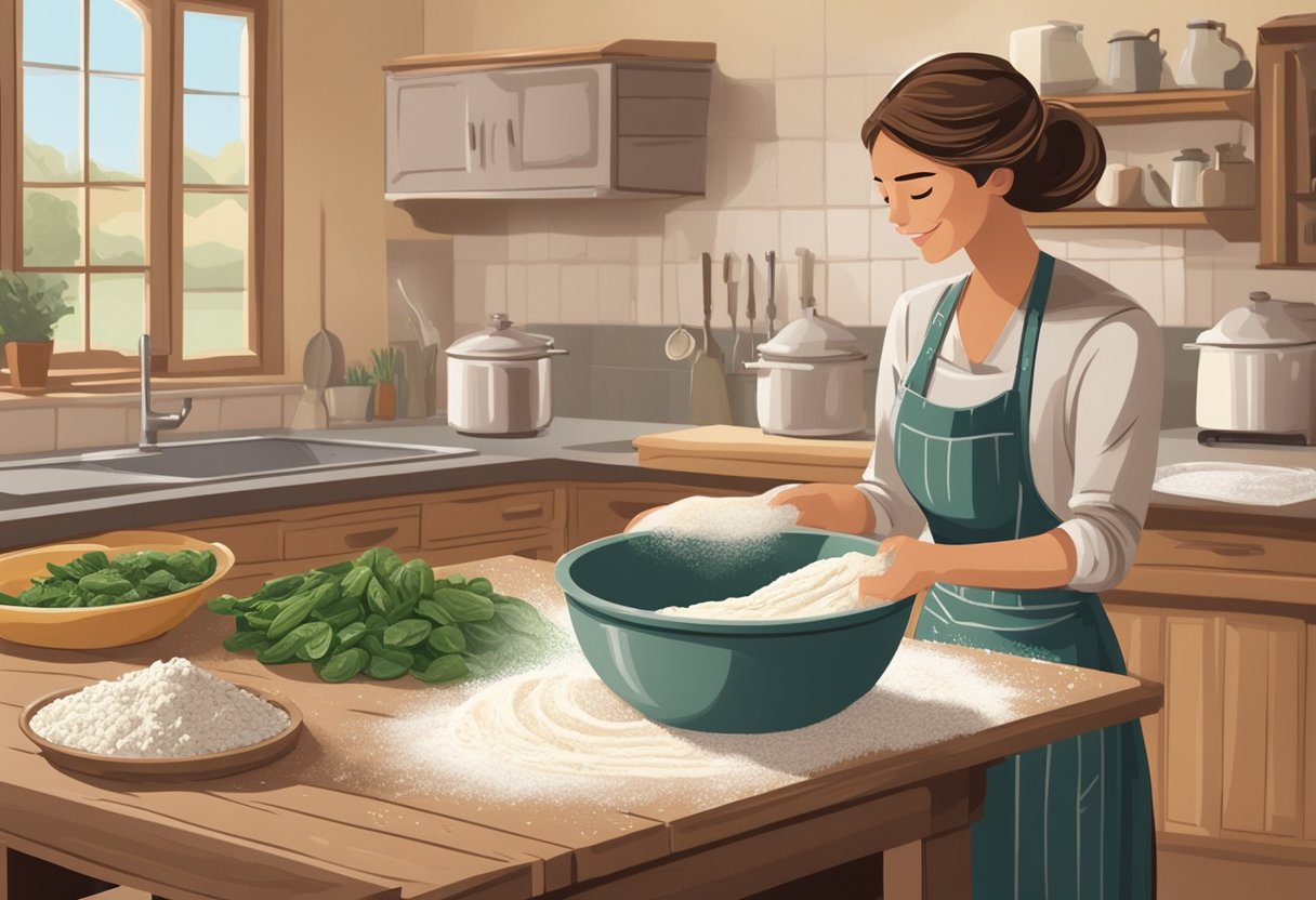 A rustic kitchen with a wooden table covered in flour, spinach, feta cheese, and phyllo dough. A woman in an apron is seen mixing the ingredients in a bowl while a warm oven is preheating in the background