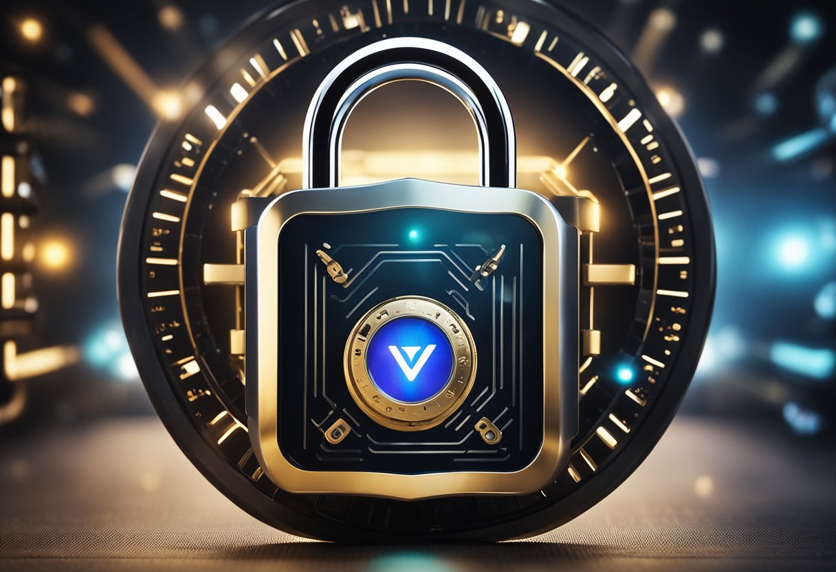 A digital lock with a shield symbol, a padlock, and a privacy shield icon surrounded by a VPN logo