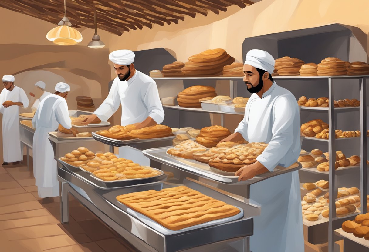 A bustling Moroccan bakery filled with aromatic breads, pastries, and sweets. The air is thick with the scent of freshly baked goods as bakers work diligently in the background