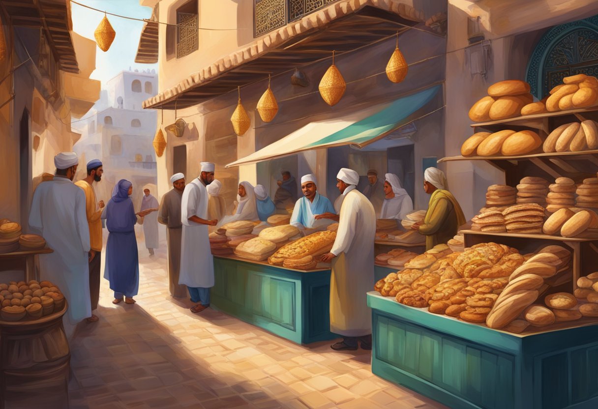 A bustling Moroccan bakery with colorful displays of traditional breads and pastries, surrounded by locals and tourists enjoying the rich aromas and vibrant atmosphere