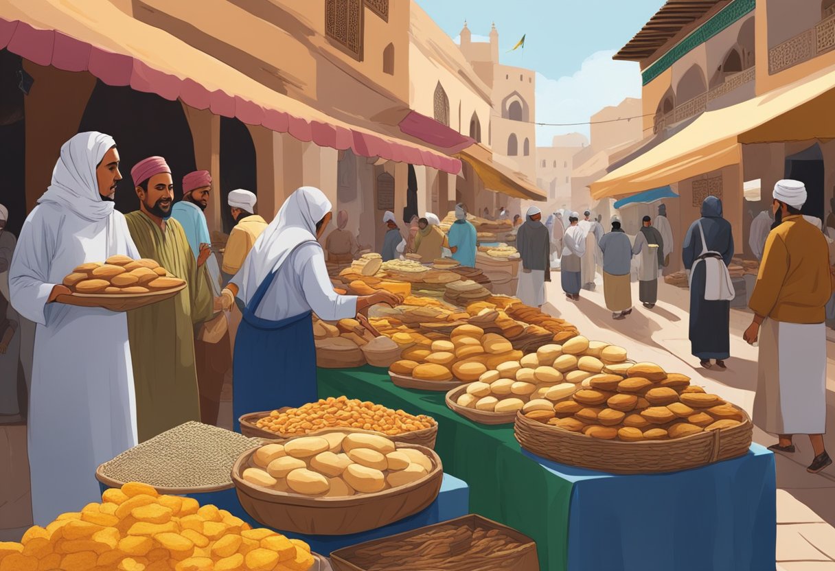 A bustling Moroccan marketplace, with colorful traditional bakeries offering a variety of regional bread specialties on display. Rich aromas waft through the air as locals and tourists alike sample the delicious treats