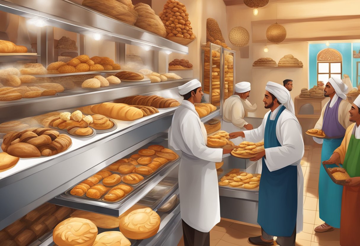 A bustling Moroccan bakery with colorful displays of traditional breads and pastries, the air filled with the warm aroma of freshly baked goods