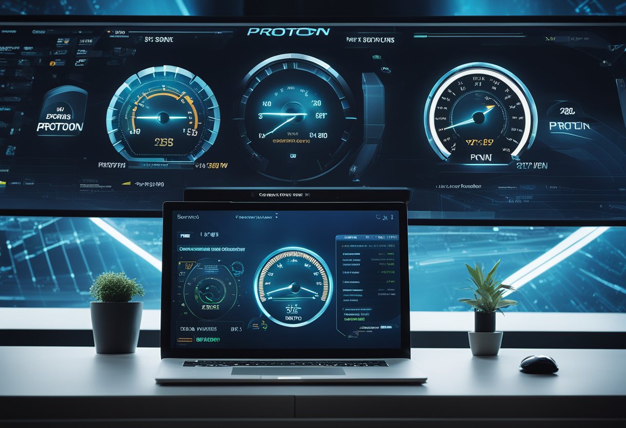 A sleek, futuristic computer screen displays the Proton VPN logo with a speedometer graphic indicating high performance. Security features are highlighted in a bold, attention-grabbing font
