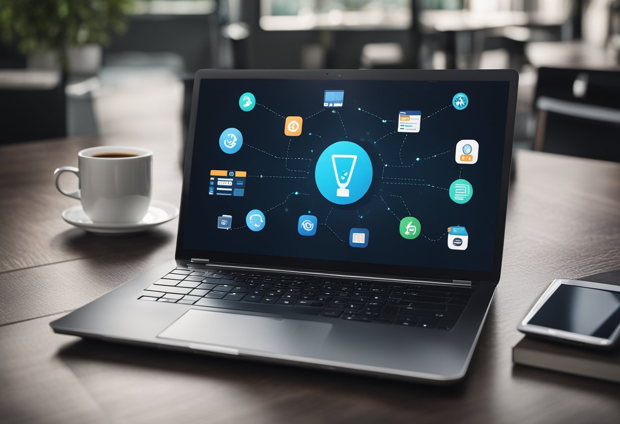 A laptop with a VPN app open, surrounded by various app icons, representing the compatibility and features of Ivacy VPN
