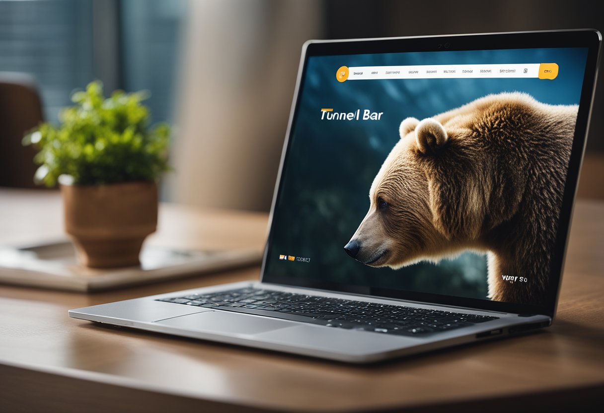 A laptop with Tunnel Bear VPN website open, showcasing pricing, features, and security details. Icons representing different features are displayed prominently