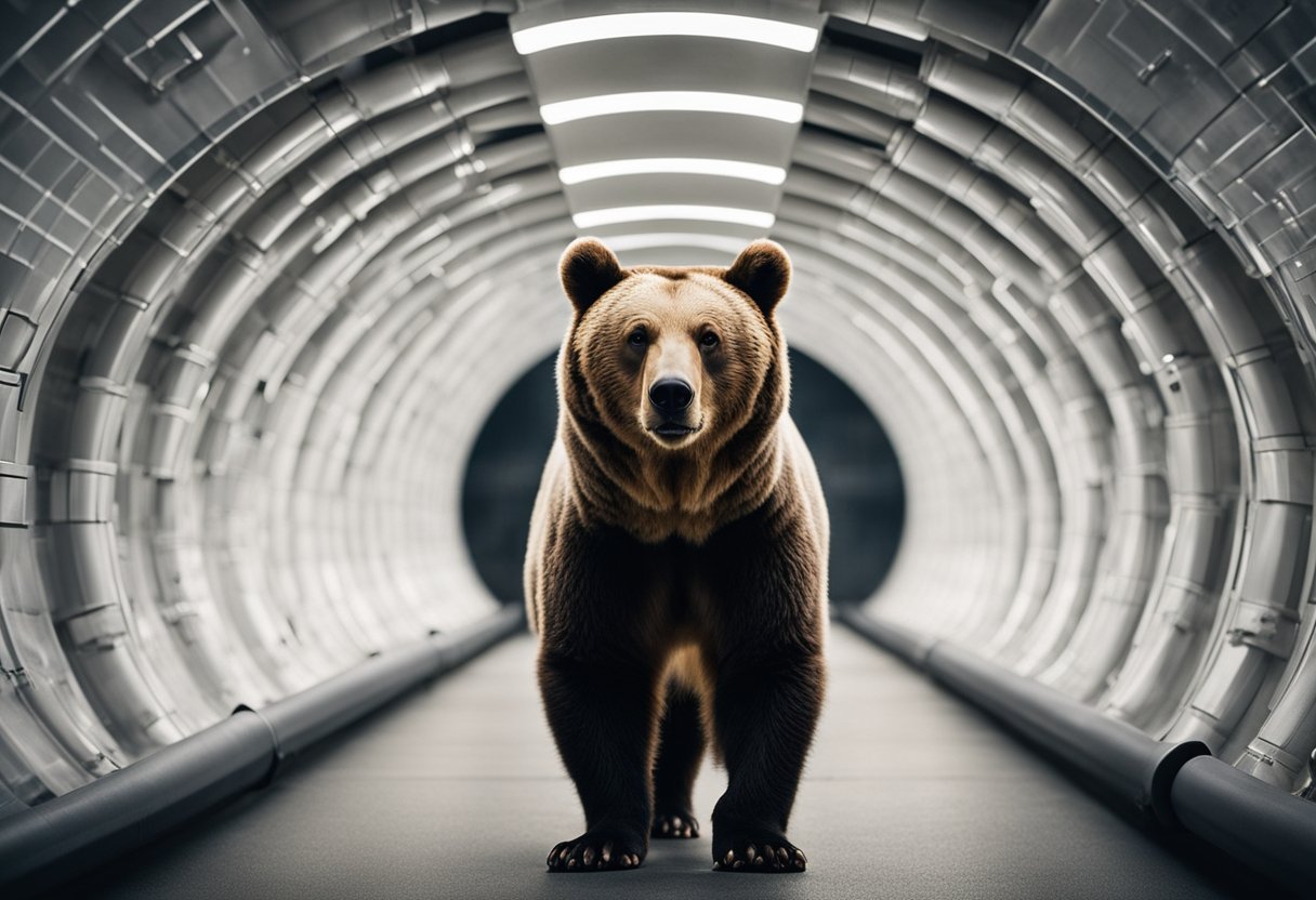 A bear stands in a tunnel, surrounded by security and privacy symbols. VPN features and pricing details are displayed around the bear