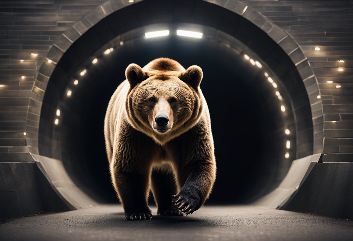 A bear confidently stands in front of a tunnel, symbolizing the performance and reliability of Tunnel Bear VPN. The bear exudes strength and security, representing the features of the VPN service