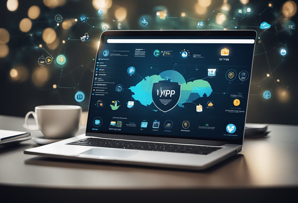 A laptop displaying Vyper VPN's pricing, features, and security. Various icons representing compatibility and usability
