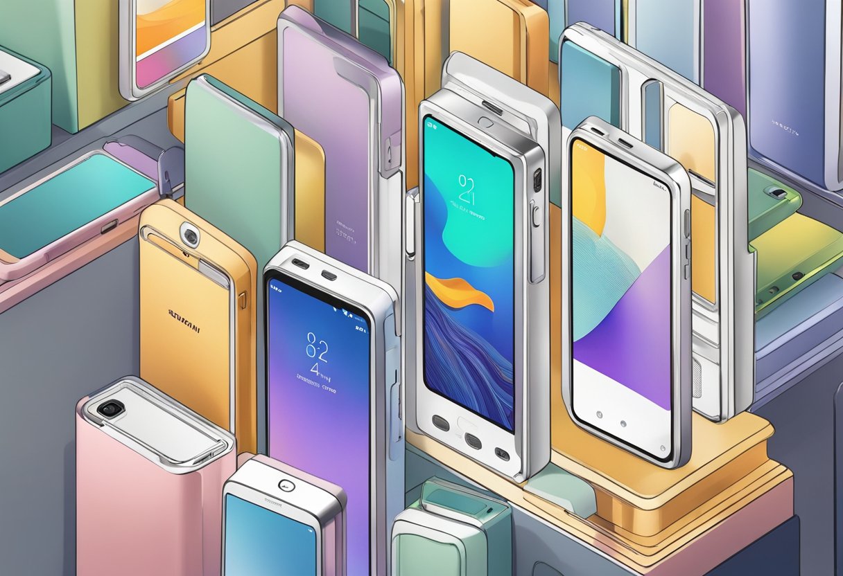 A phone surrounded by a variety of sturdy, impact-resistant covers in a well-lit store display