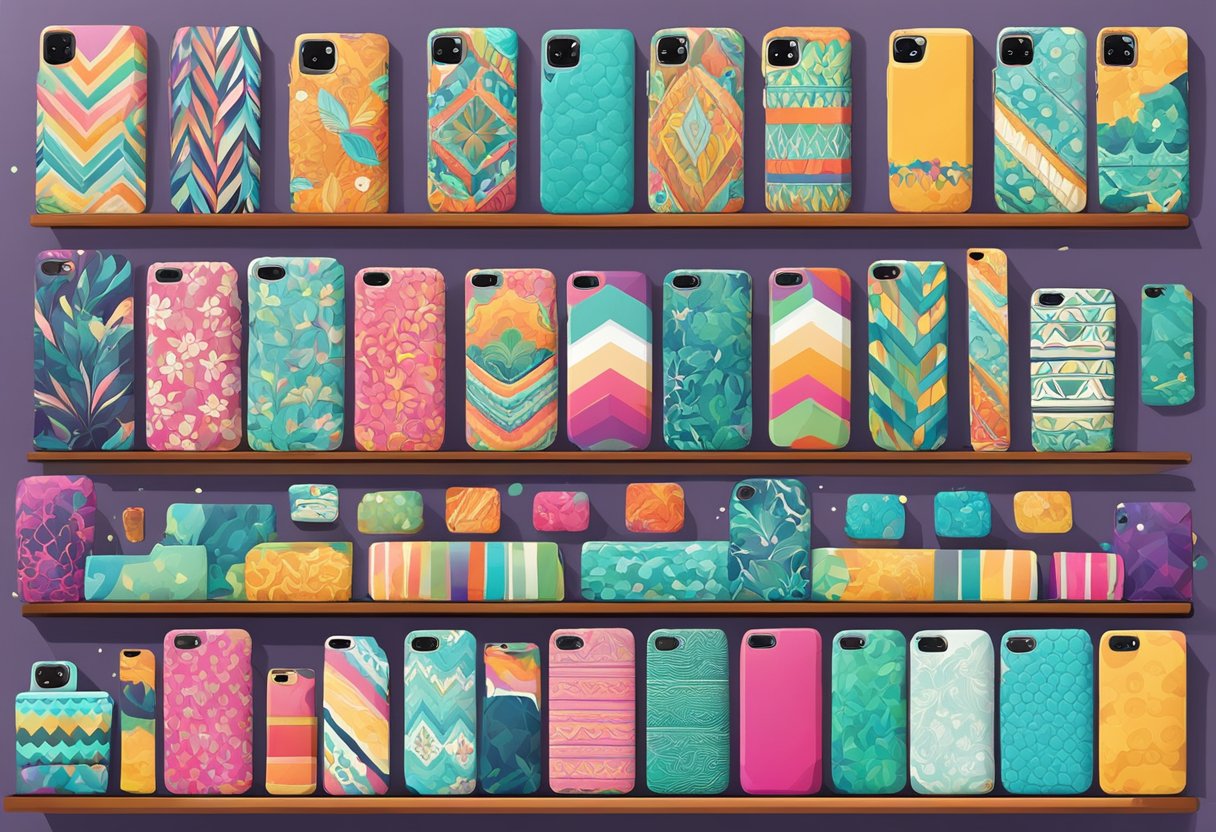Various phone covers in vibrant colors and patterns displayed on shelves, with options for customisation and added protection