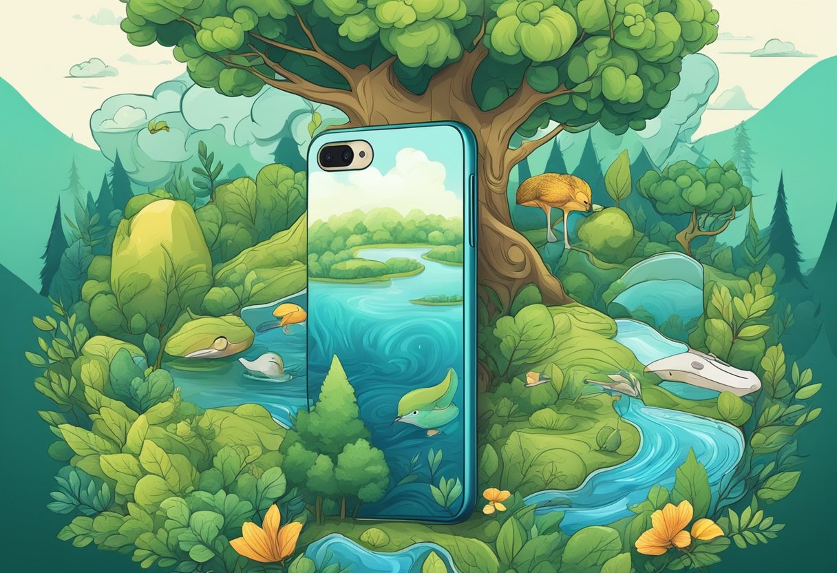 A phone cover surrounded by elements of nature, such as trees, water, and wildlife, to convey the idea of environmental protection