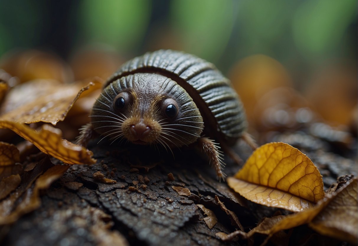 Rolly pollies eat decaying plant matter in a damp, dark environment. They can be seen crawling among fallen leaves and rotting wood
