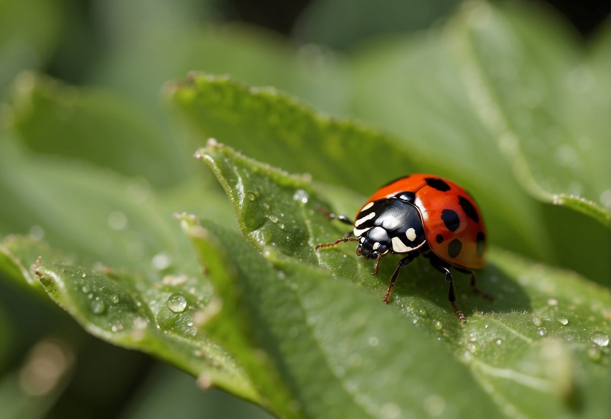 A ladybug crawls along a green leaf, munching on aphids and small insects