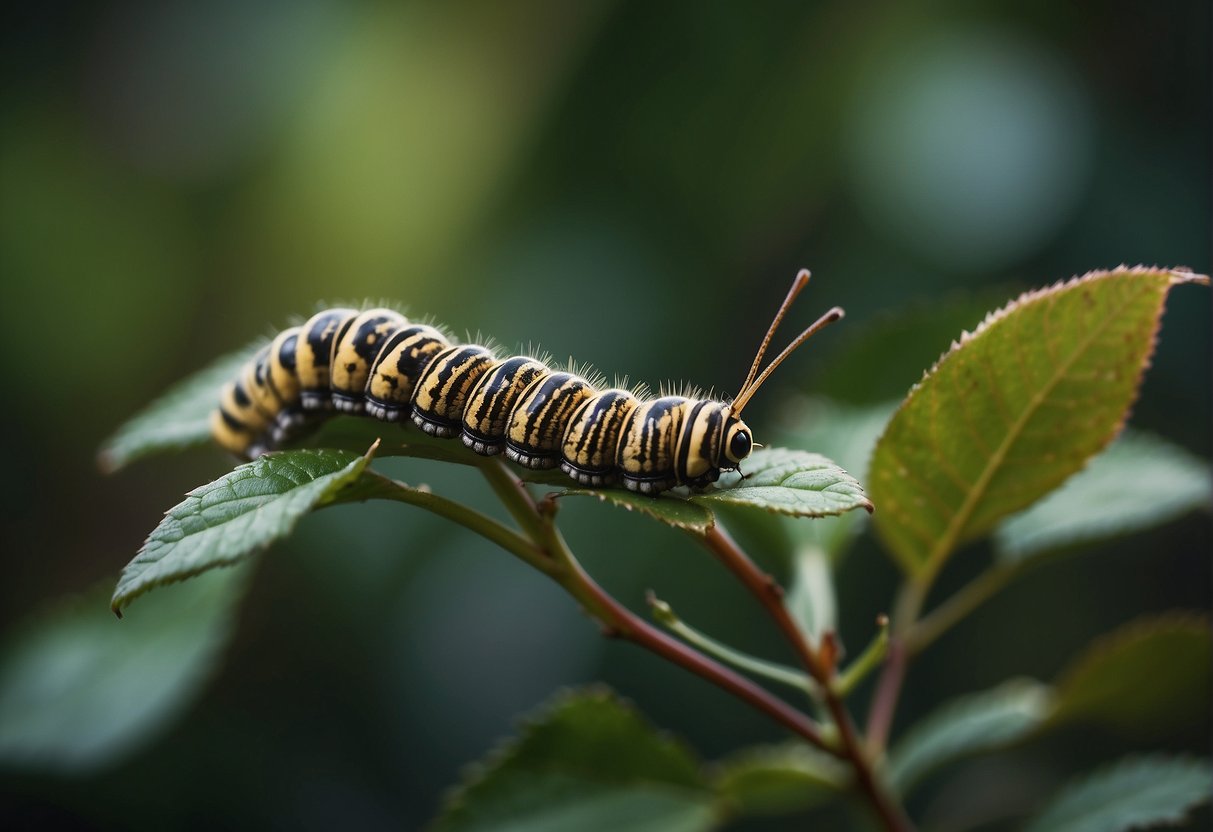 A caterpillar munches on rose leaves, leaving behind jagged edges and holes in the foliage