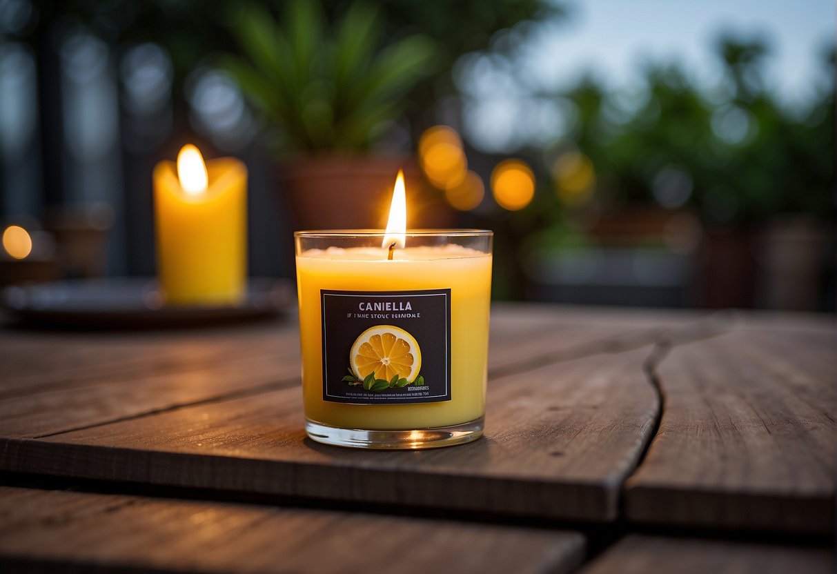 A citronella candle burns on a patio table, emitting a strong scent