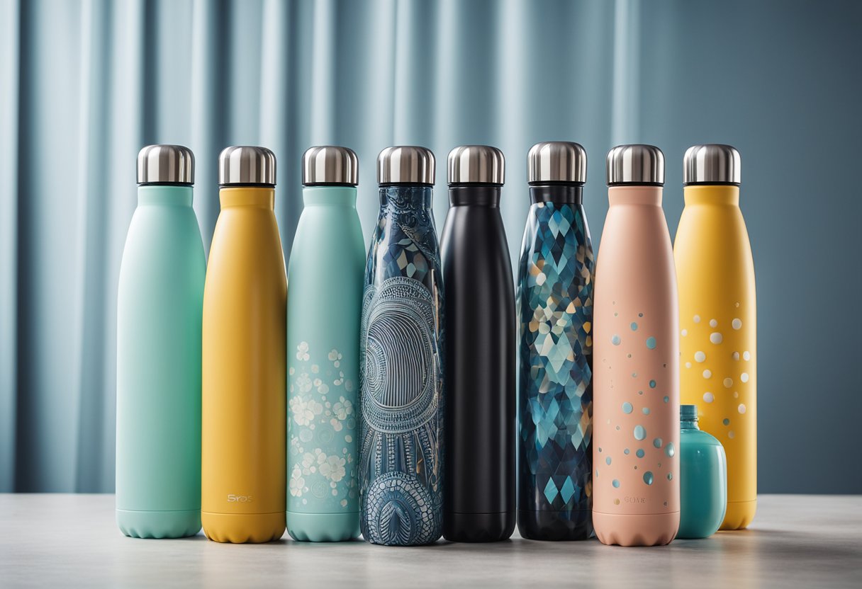 A reusable water bottle with various designs and colors, showcasing customization and style options