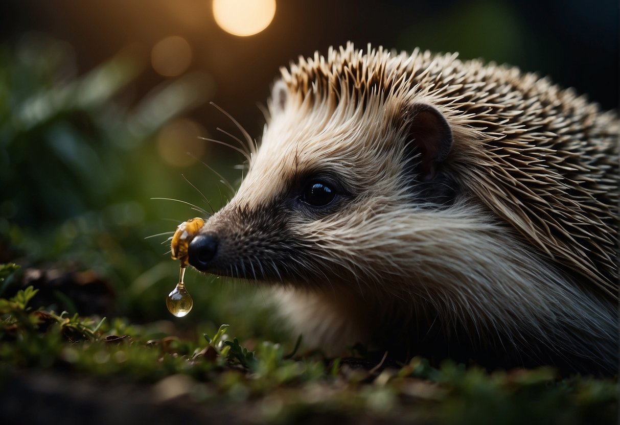 A hedgehog munches on slugs in a moonlit garden